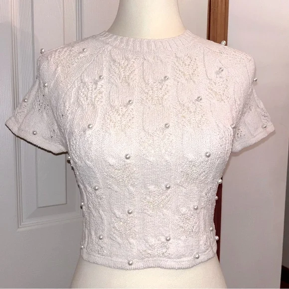 Zara Open Back Pearl Embellished Knit Crop Short Sleeve Top - Picture 4 of 11